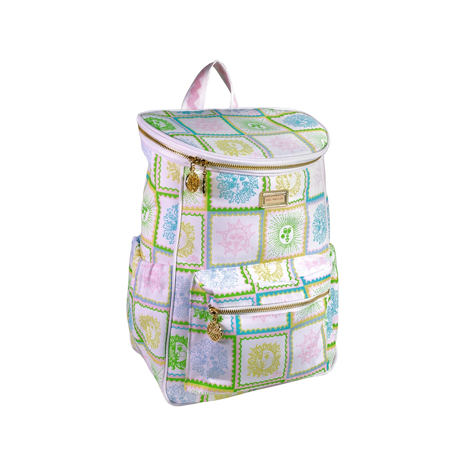 Patchwork-style backpack with colorful patterns on a white background