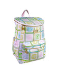 Patchwork-style backpack with colorful patterns on a white background