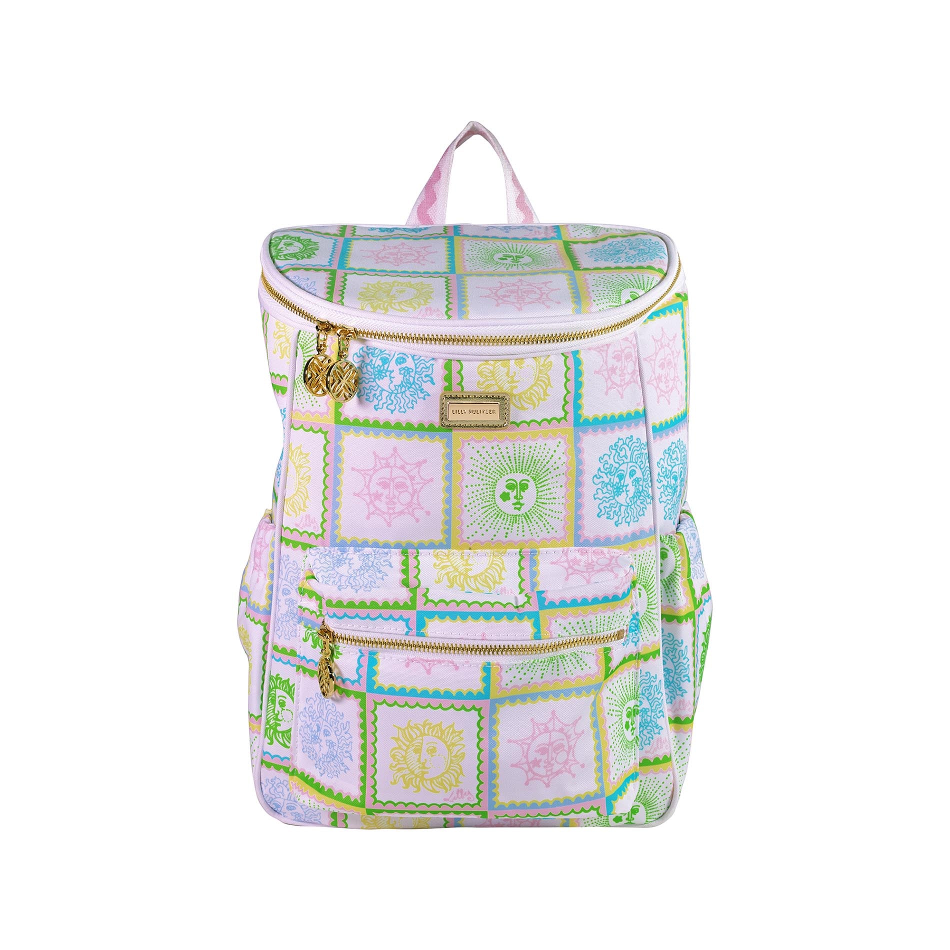 Colorful quilted backpack on a white background