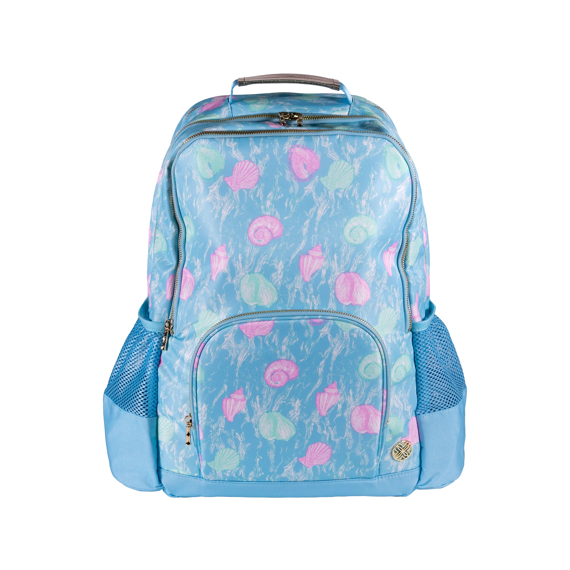 Blue backpack with shell pattern on a white background