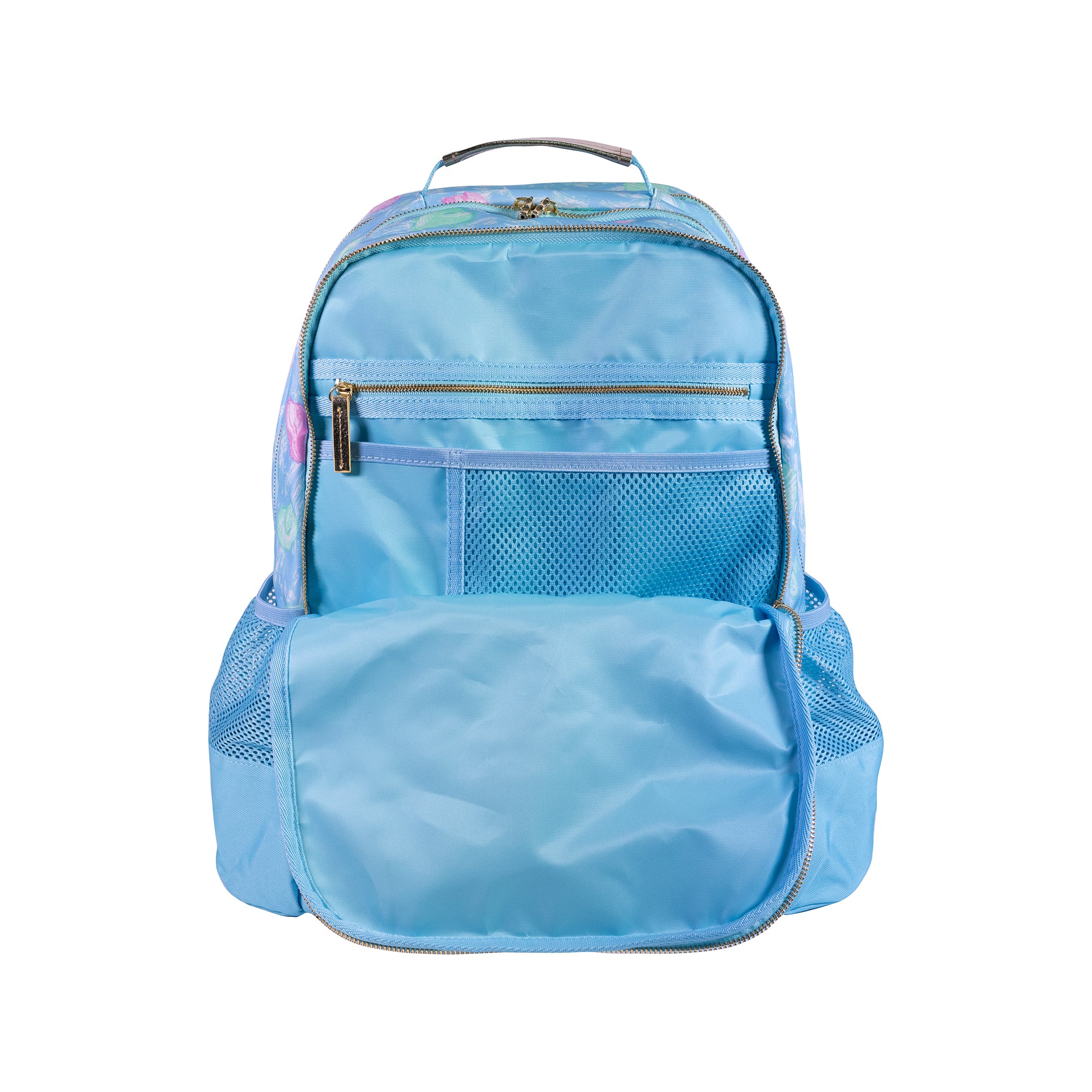 Light blue backpack with front pocket on a white background