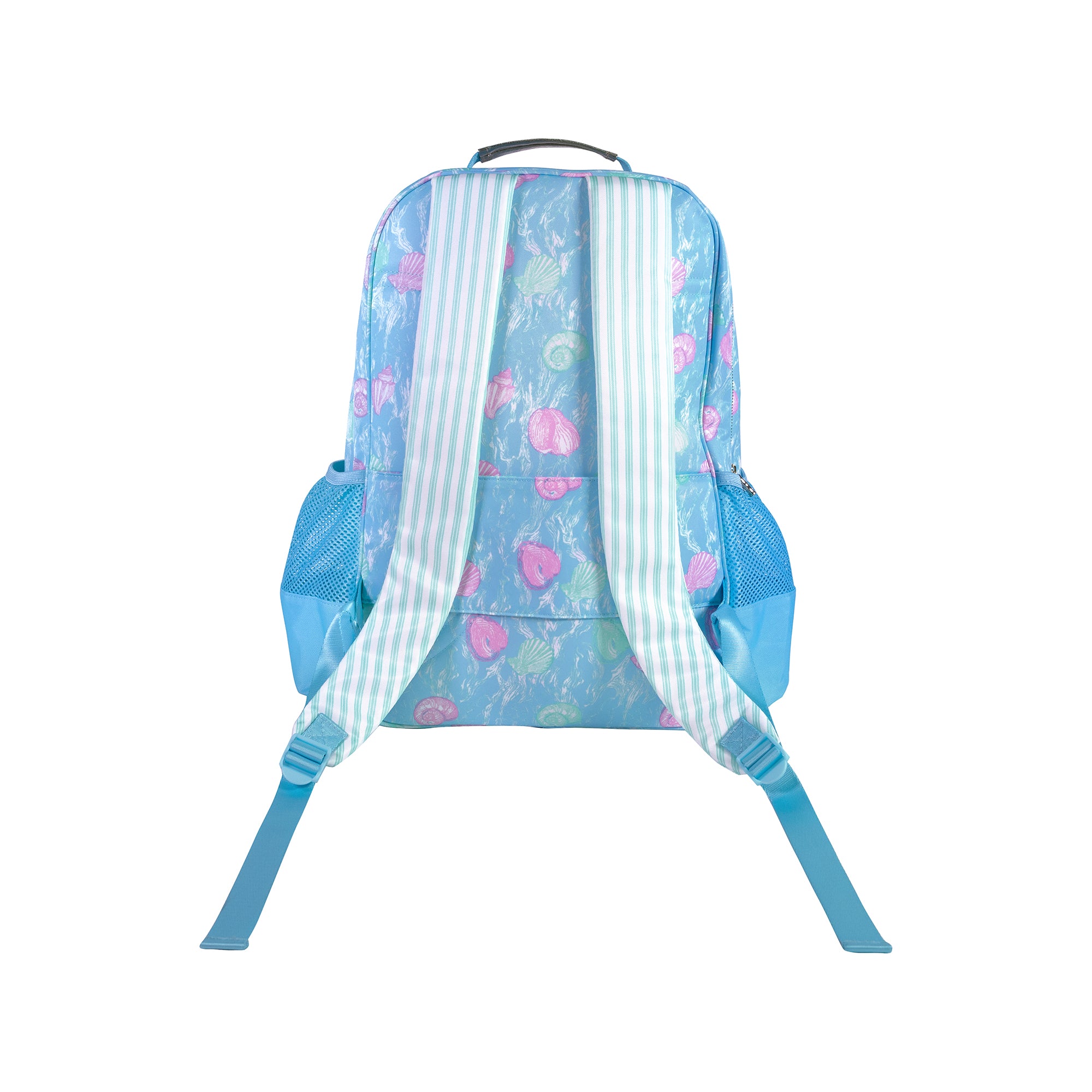 Backpack with heart pattern and blue straps on a white background