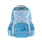 Blue backpack with pink and green shell pattern on a white background
