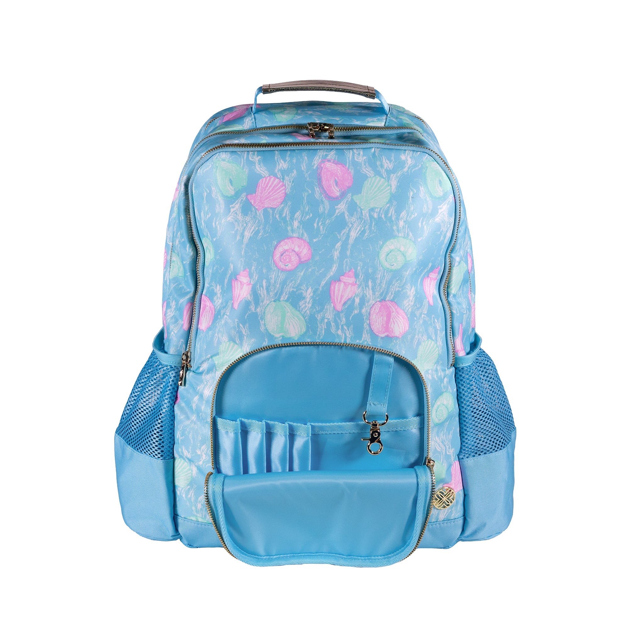 Blue backpack with pink and green shell pattern on a white background