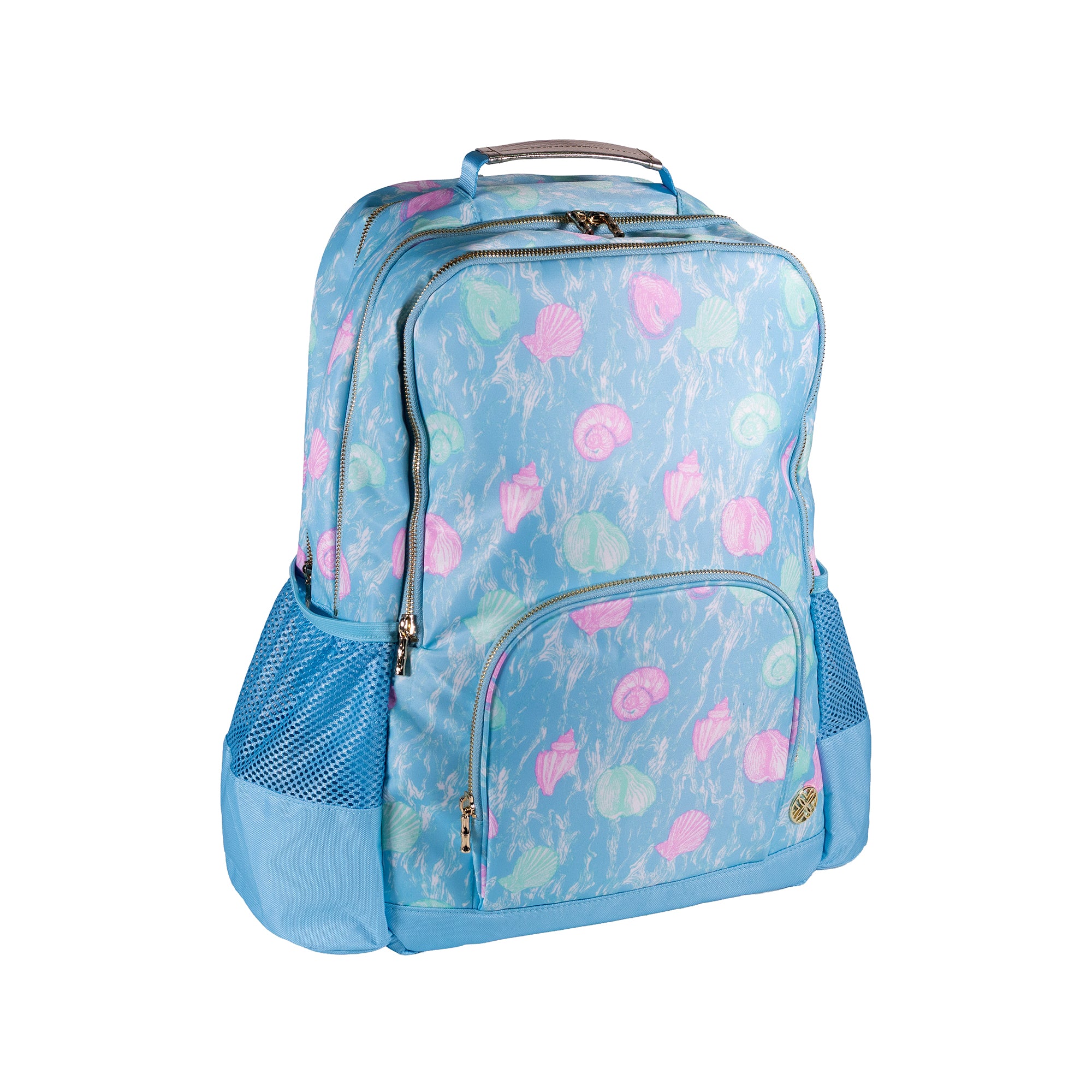 Blue backpack with shell pattern on a white background