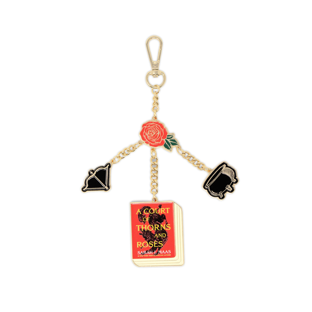 bag charm with enamel metal charms of a bow, cauldron, red rose, and ACOTAR book cover 