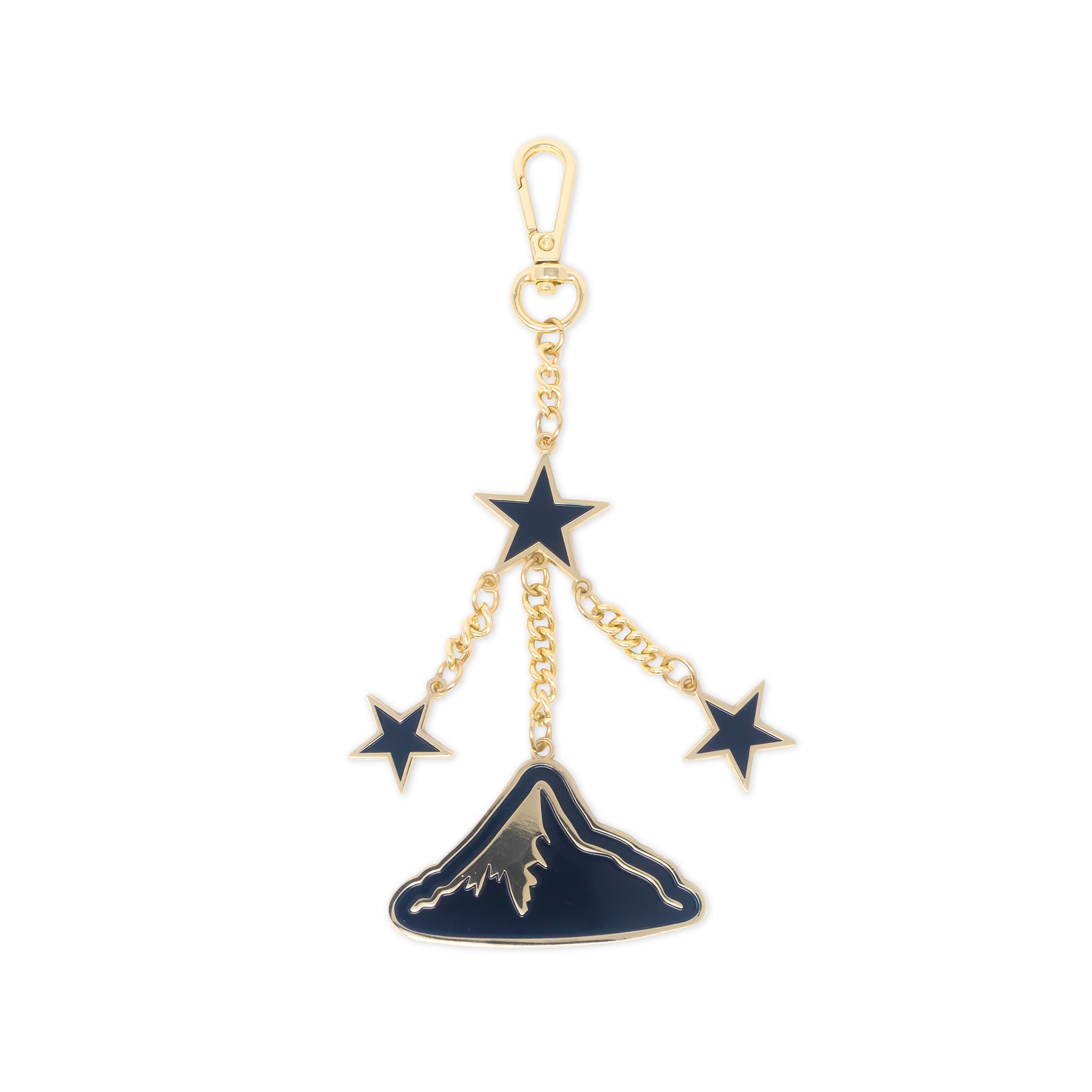 Keychain with mountain and star charms on a white background