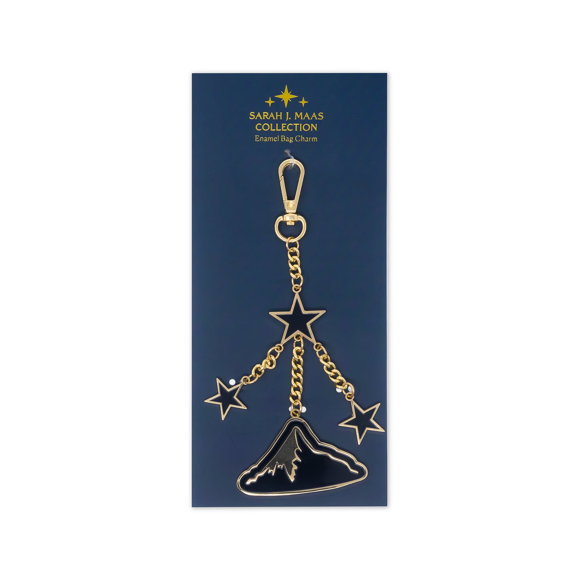 Gold star-shaped bag charm on a blue card with 'Sarah J. Maas Collection' branding.