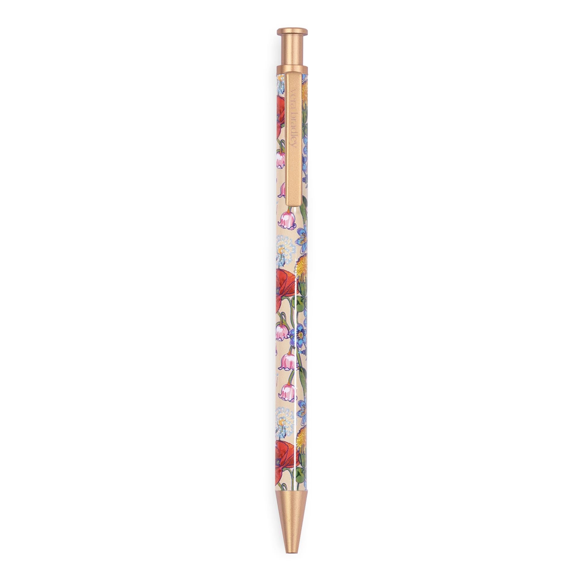 Floral-patterned pen with gold accents on a white background