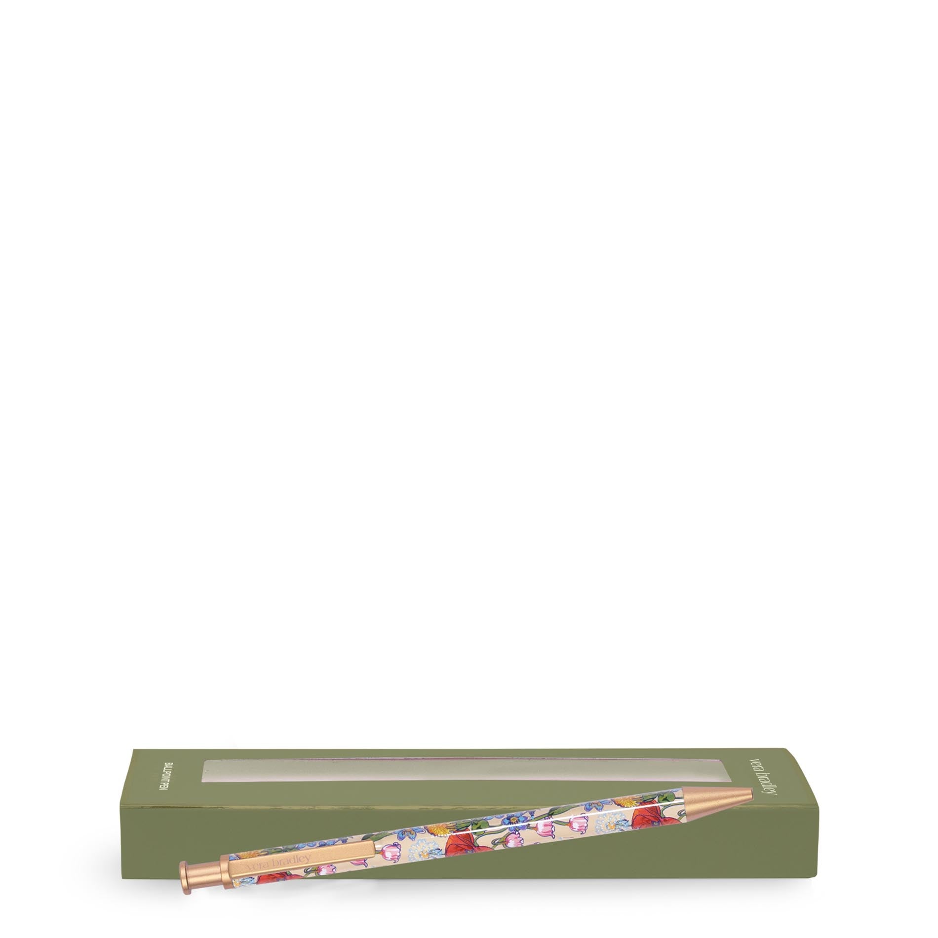 Floral-patterned pencil with green box on a white background