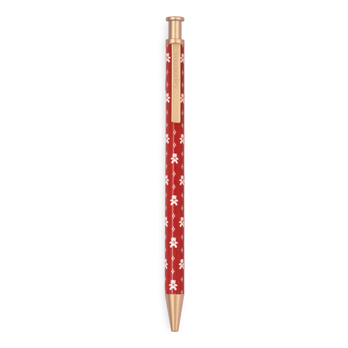 A red retractable pen with a white teddy bear pattern and gold-toned accents, shown vertically against a plain white background.