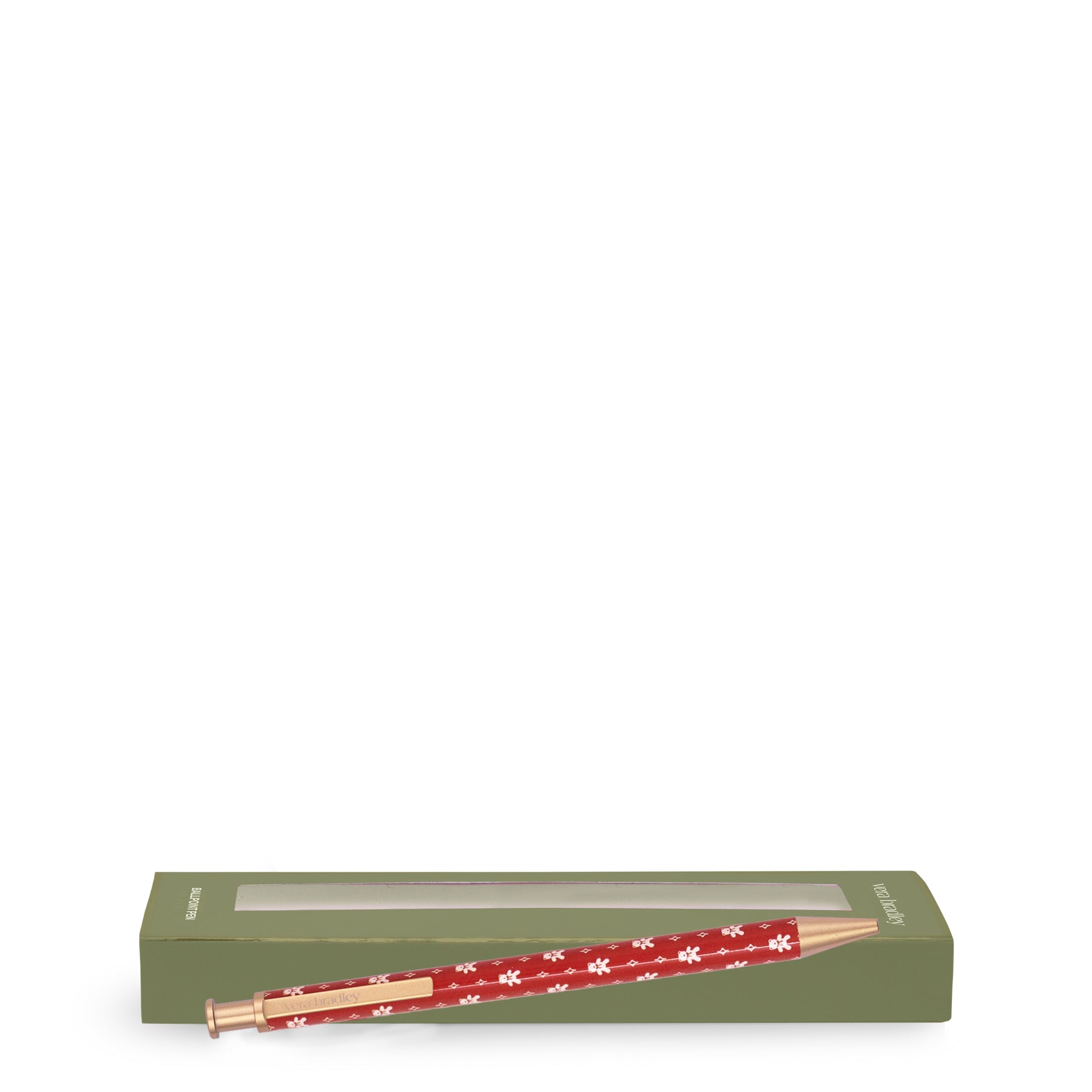Boxed red retractable pen with a white teddy bear pattern and gold-toned accents, shown vertically against a plain white background.