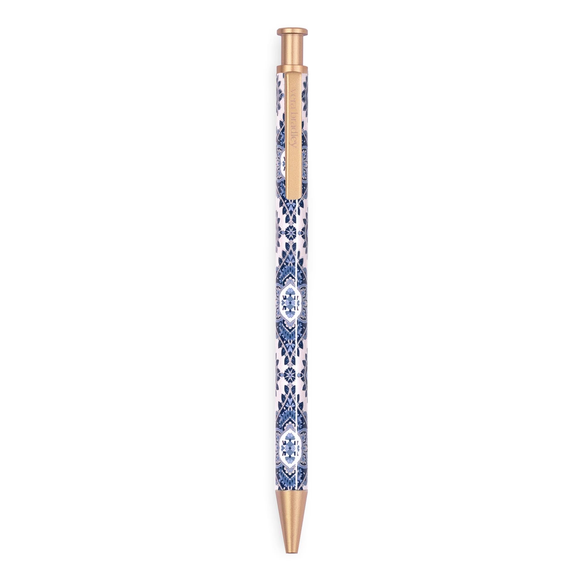 Pen with blue and white pattern and rose gold accents on a white background