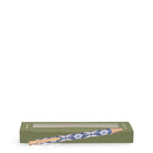 Pencil with decorative blue pattern in a green box on a white background