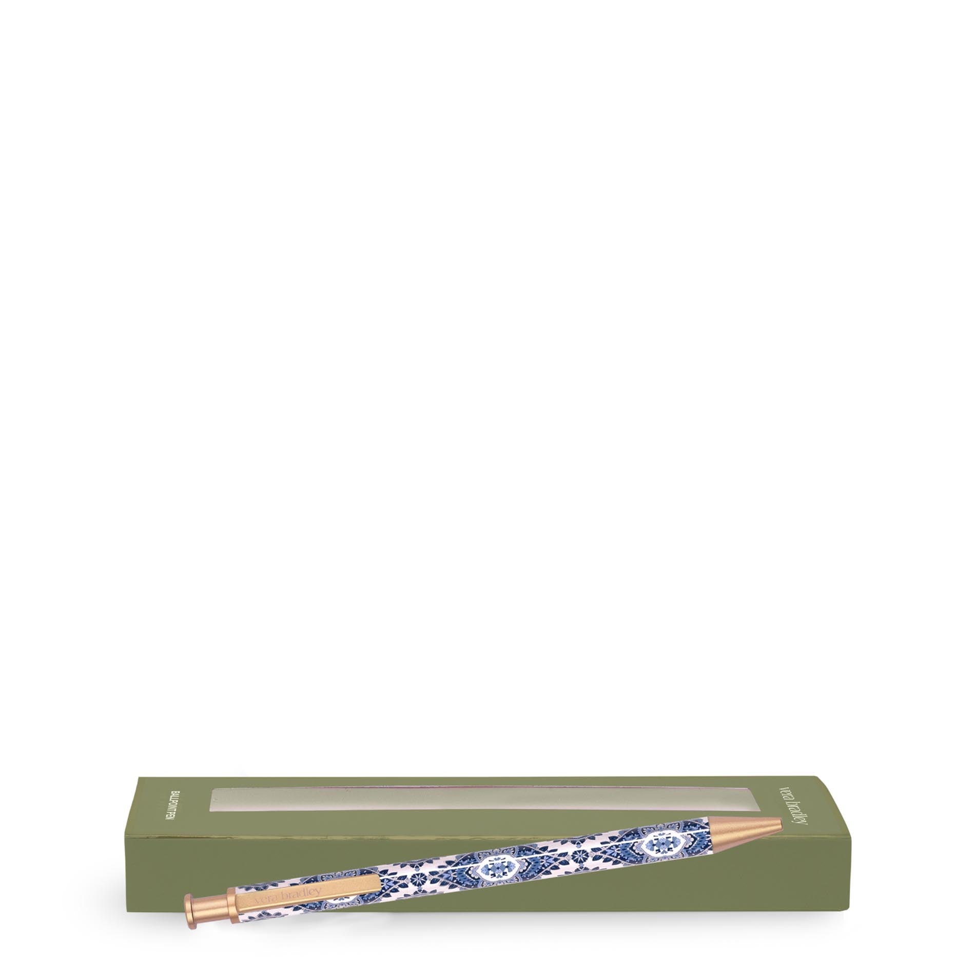 Pencil with decorative blue pattern in a green box on a white background