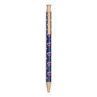 Pen with a blue barrel and gold accents on a white background