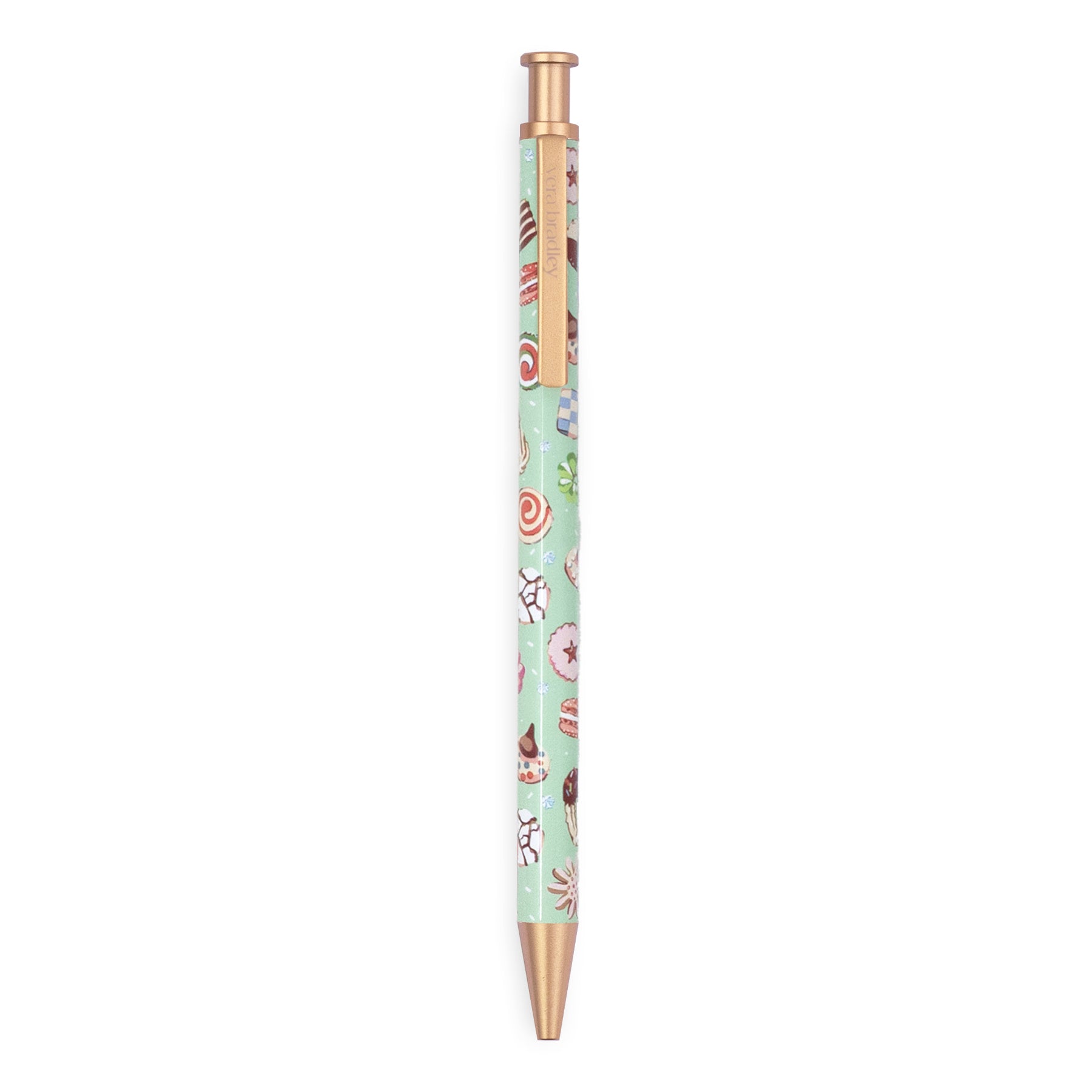 A slim retractable pen with a mint green body decorated with a colorful candy and dessert pattern, featuring rose gold metallic accents on the clip, tip, and top cap, shown against a plain white background.