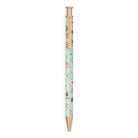 A slim retractable pen with a mint green body decorated with a colorful candy and dessert pattern, featuring rose gold metallic accents on the clip, tip, and top cap, shown against a plain white background.