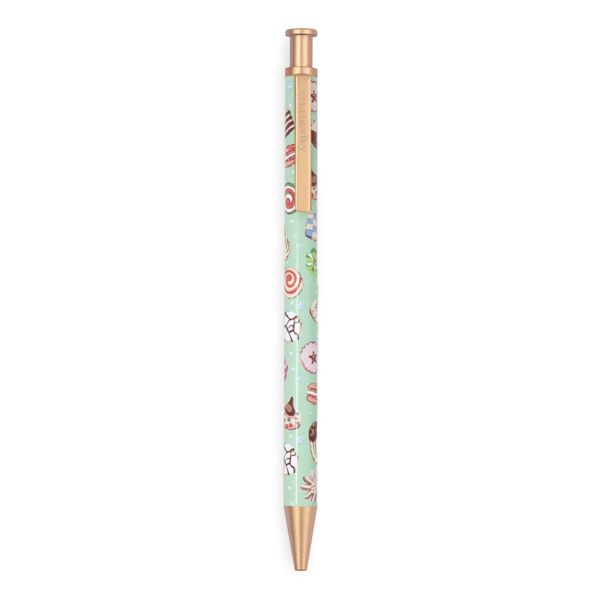 A slim retractable pen with a mint green body decorated with a colorful candy and dessert pattern, featuring rose gold metallic accents on the clip, tip, and top cap, shown against a plain white background.