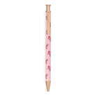A pink retractable pen with a delicate  floral pattern and gold-toned accents, shown vertically against a plain white background.