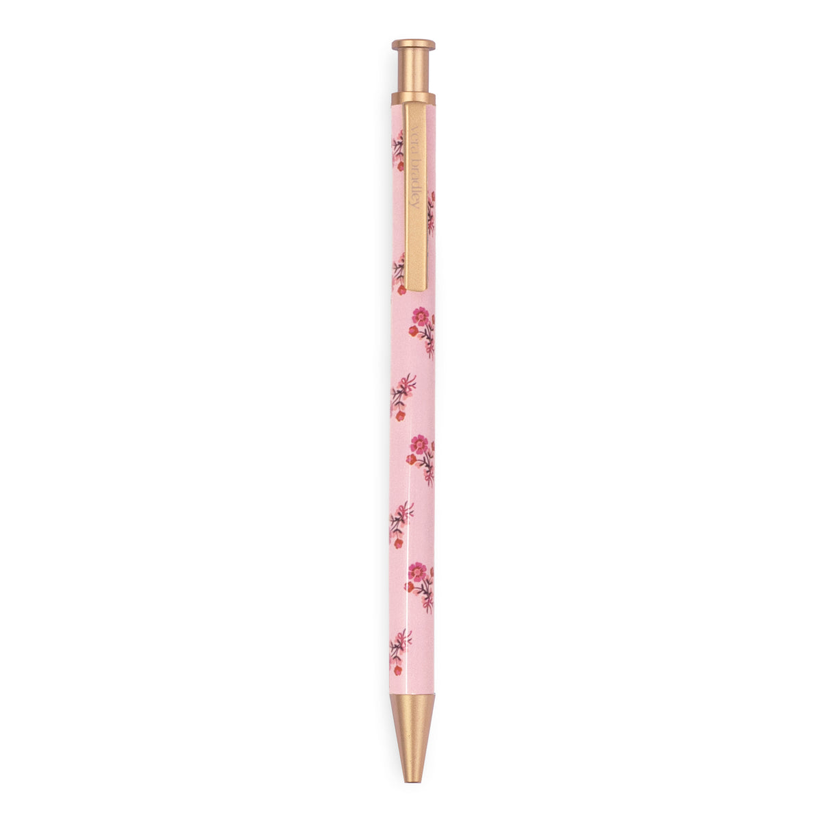 A pink retractable pen with a delicate  floral pattern and gold-toned accents, shown vertically against a plain white background.