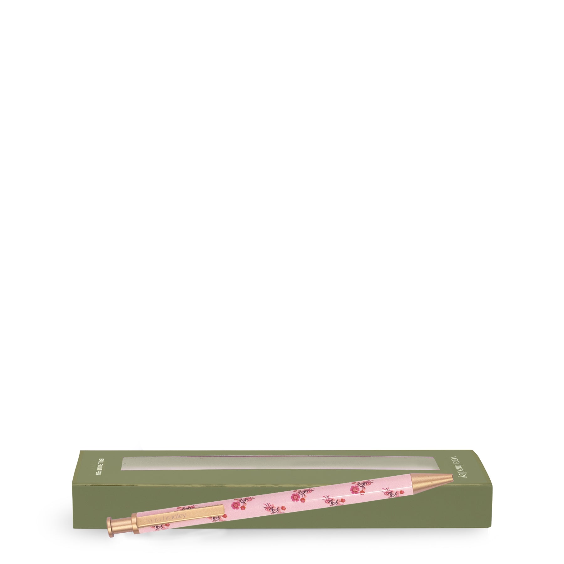 A pink pen with a floral pattern and rose gold accents, resting on top of its olive green packaging box against a white background.