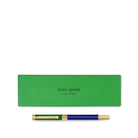 Green Kate Spade pen case with a blue and gold pen on a white background