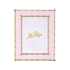A square Lilly Pulitzer picture frame with a light pink background and a gold-toned faux-bamboo border, shown on a plain white background.