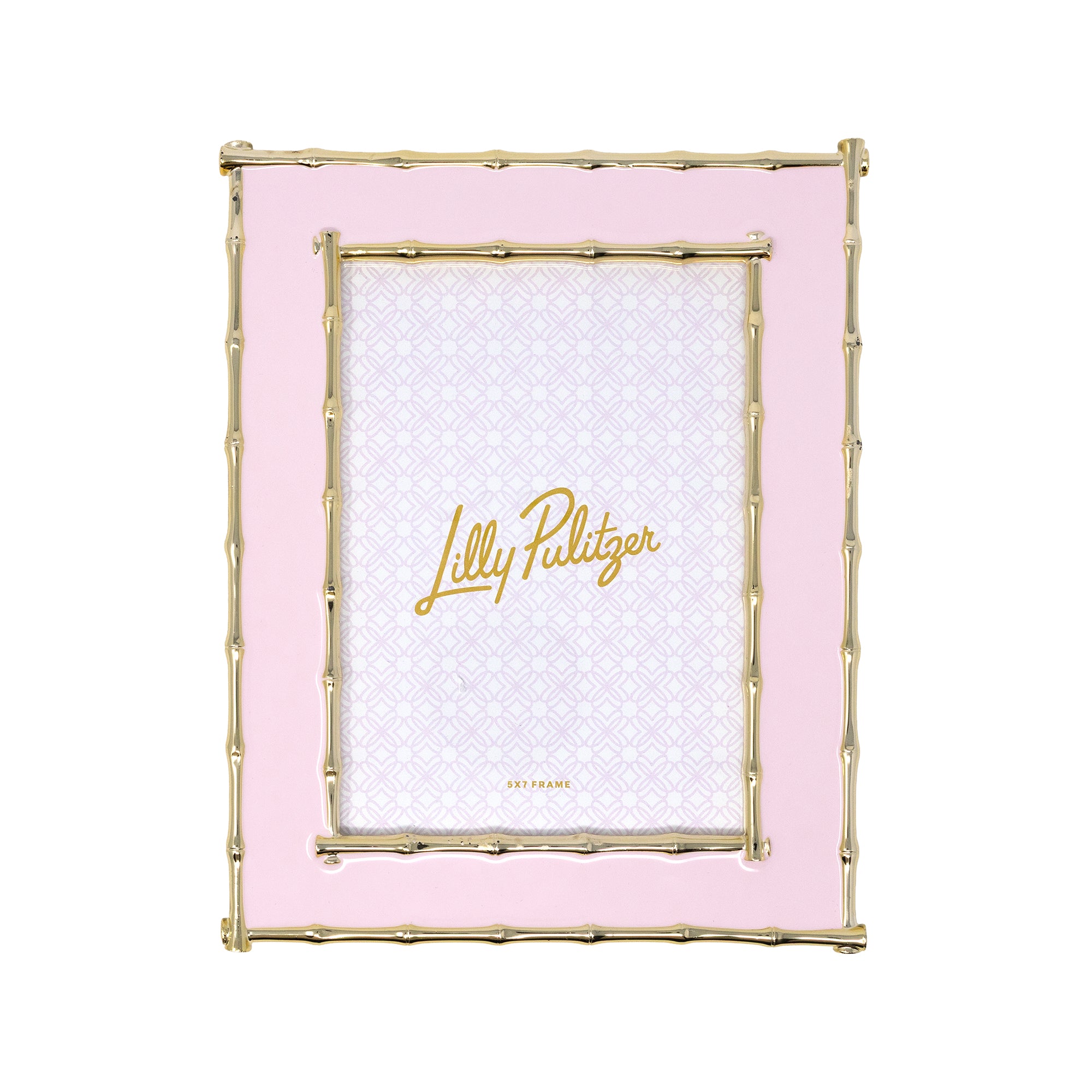 A square Lilly Pulitzer picture frame with a light pink background and a gold-toned faux-bamboo border, shown on a plain white background.