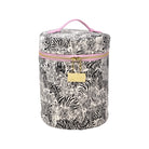 A cylindrical bag with a black and white zebra print pattern, featuring a pink top handle, pink zipper trim, and a gold-tone brand tag.