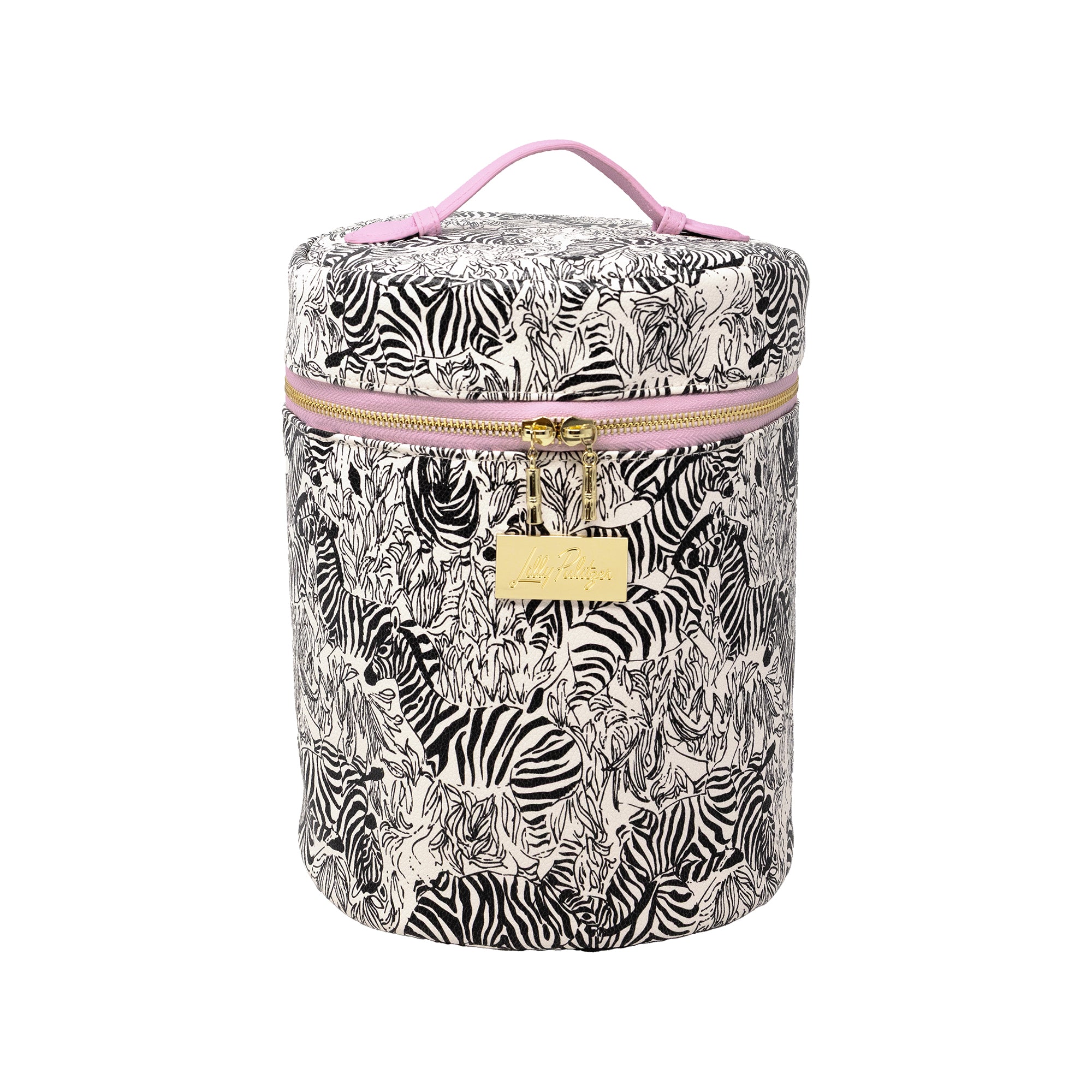 A cylindrical bag with a black and white zebra print pattern, featuring a pink top handle, pink zipper trim, and a gold-tone brand tag.