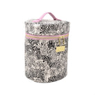 A cylindrical bag with a black and white zebra print, featuring a pink top handle, pink zipper trim, and a gold padlock with a brand tag.