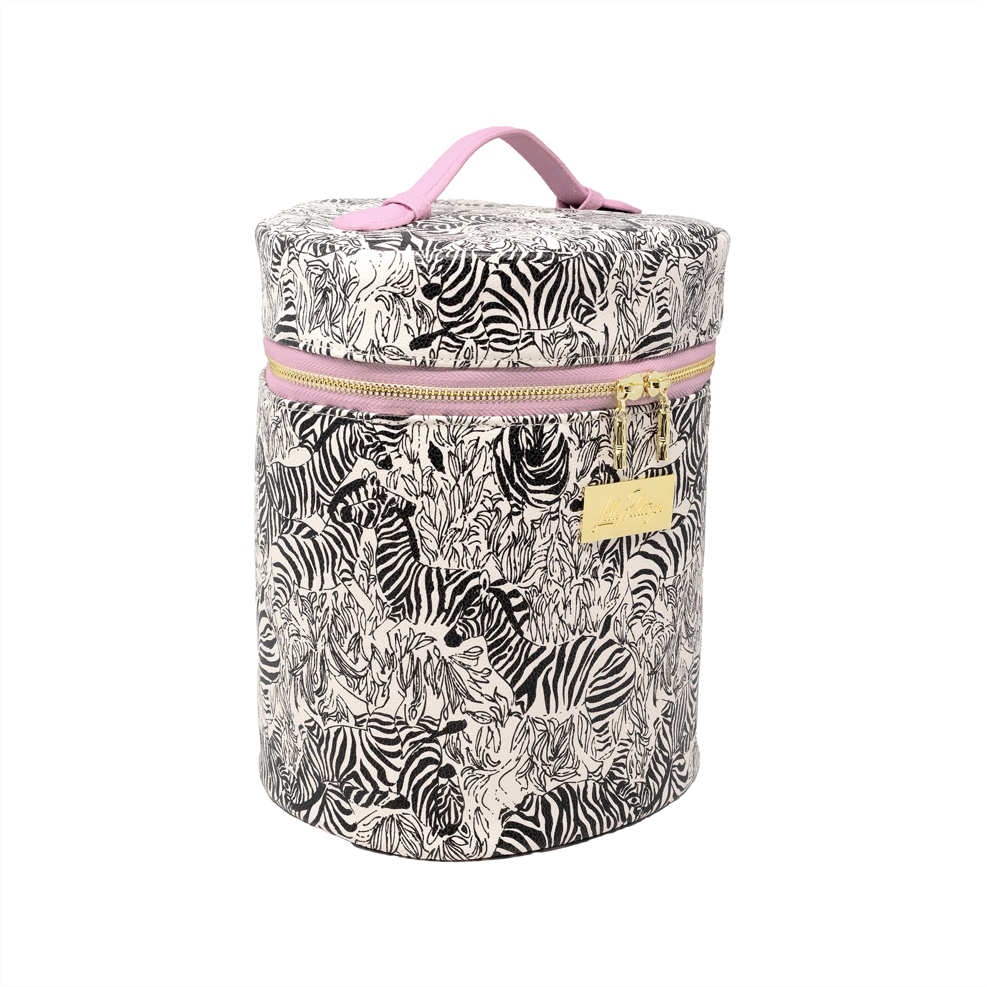 A cylindrical bag with a black and white zebra print, featuring a pink top handle, pink zipper trim, and a gold padlock with a brand tag.