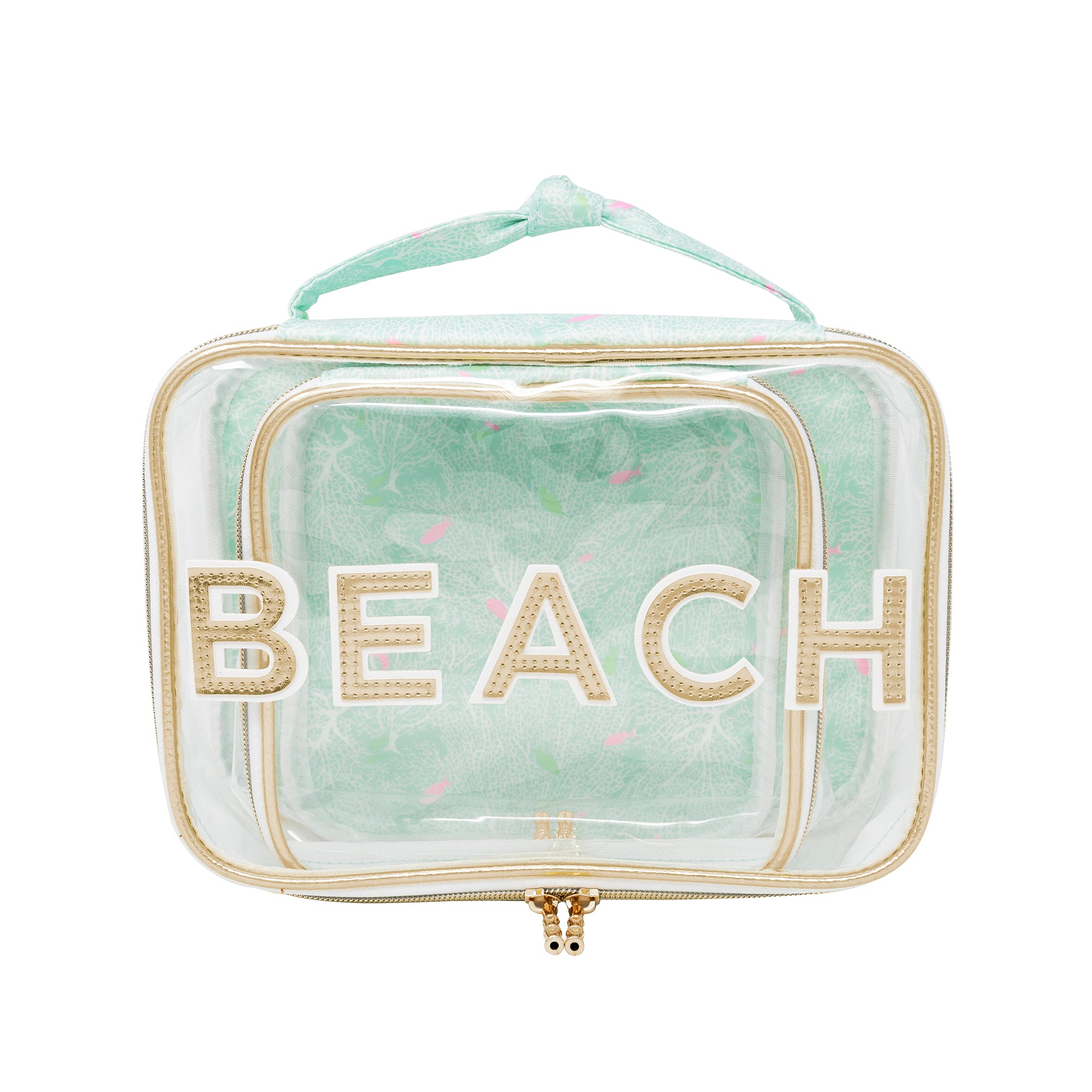 Clear beach bag with 'BEACH' text on a white background