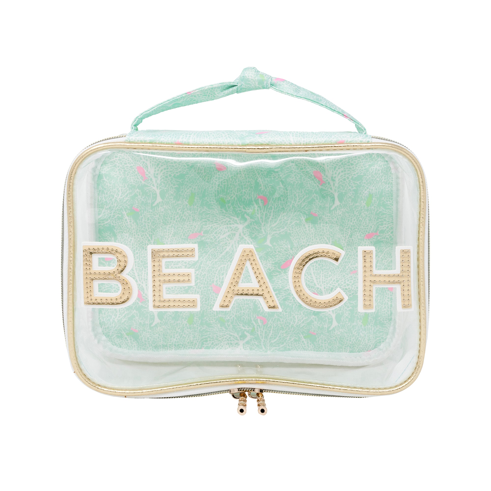 Clear beach bag with 'BEACH' text on a white background