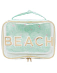 Clear beach bag with 'BEACH' text on a white background