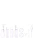 Set of transparent skincare bottles and containers on a white background