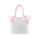 white mesh tote beach bag with pink and white floral handles