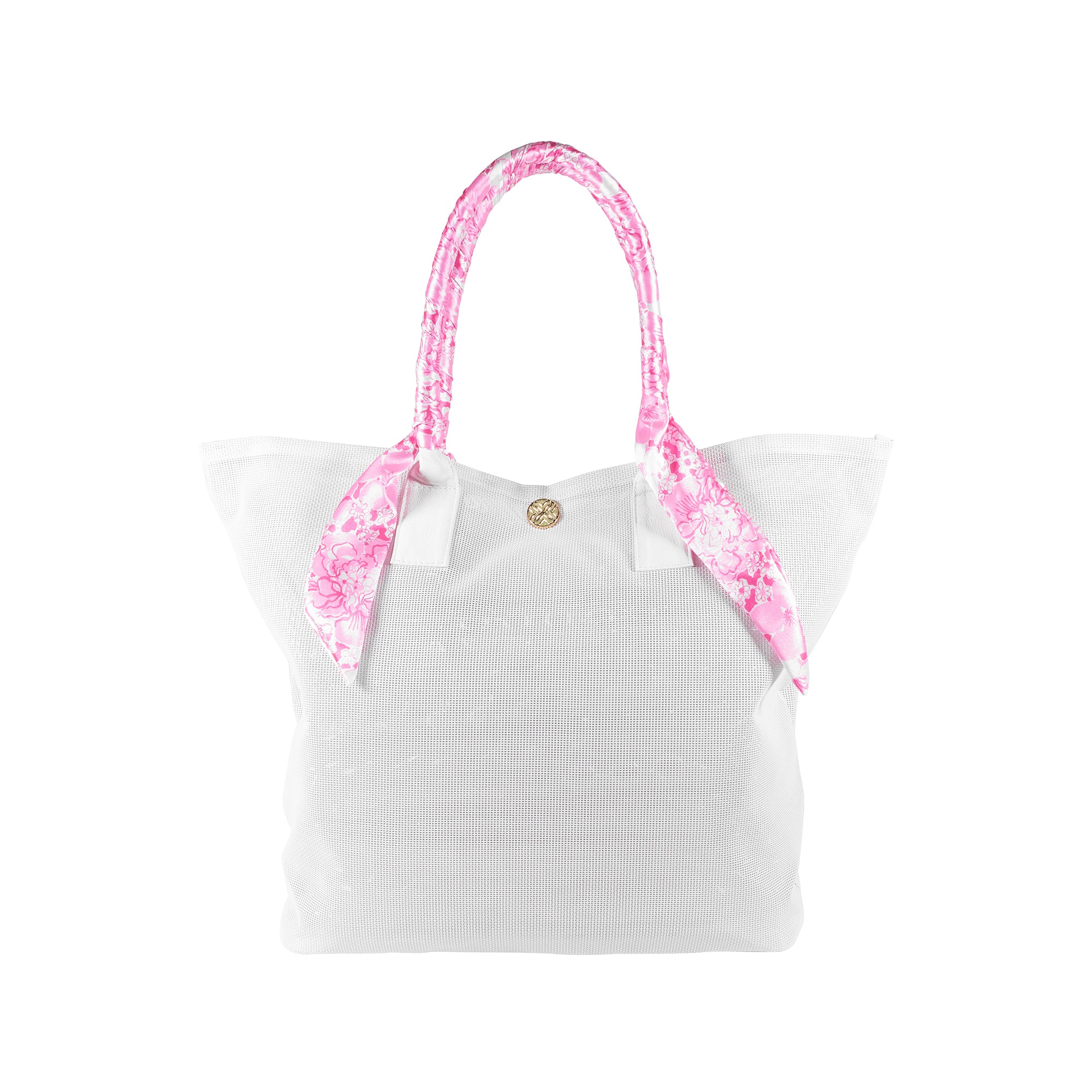white mesh tote beach bag with pink and white floral handles