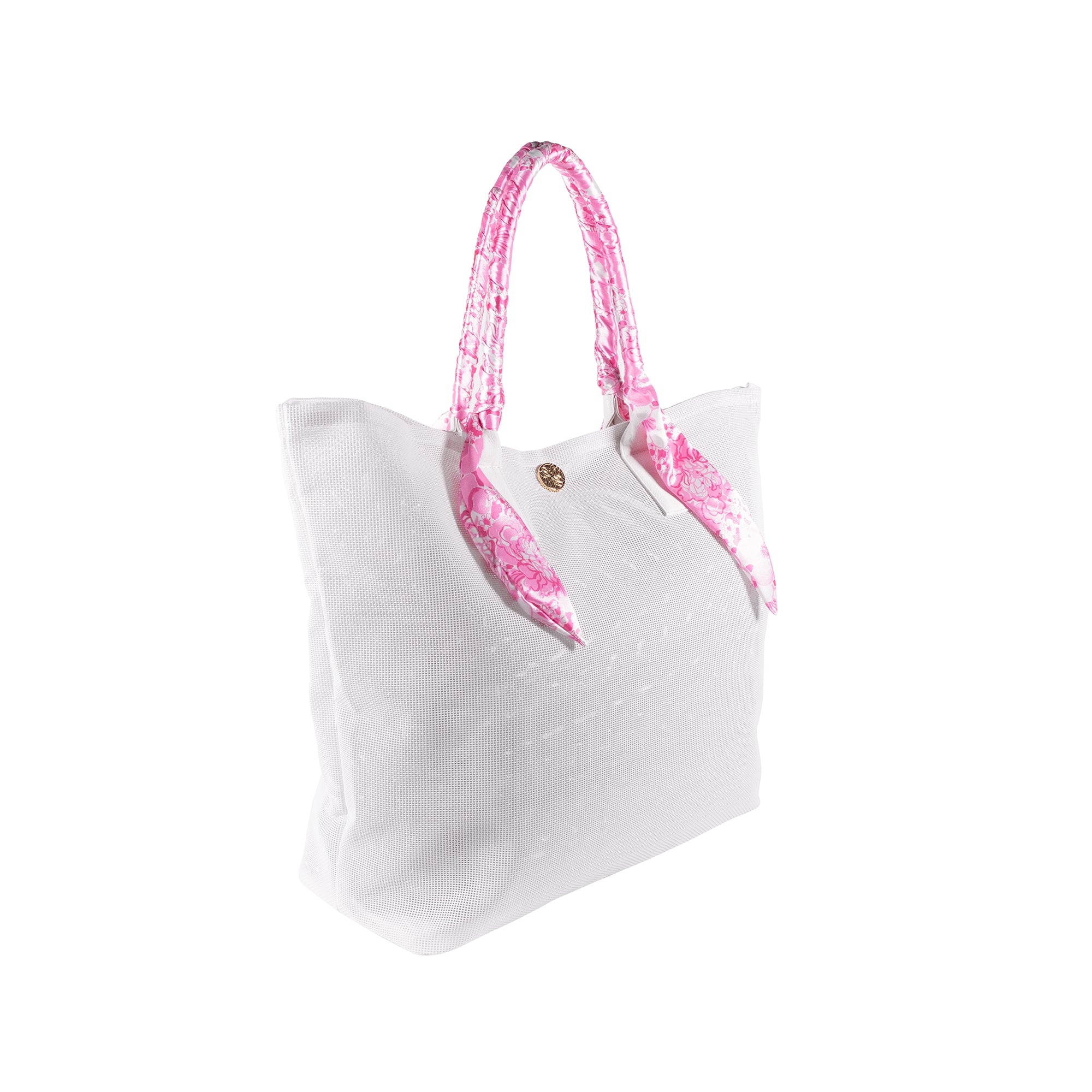 side view of white mesh tote beach bag with pink and white floral handles
