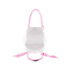 interior of white mesh tote beach bag with pink and white floral handles