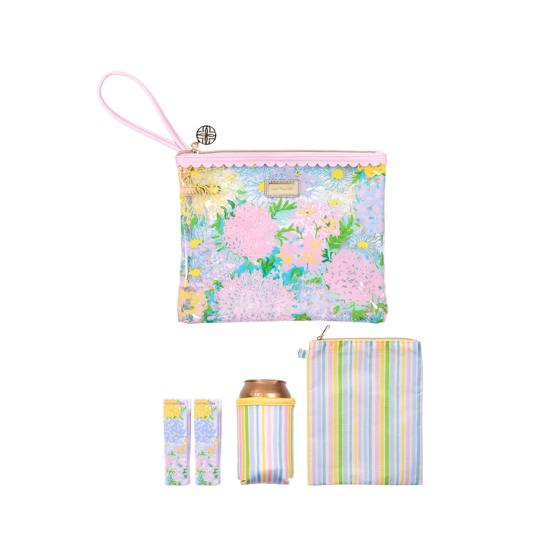 Set of pastel floral pouch, striped pouch, and cylindrical container on a white background