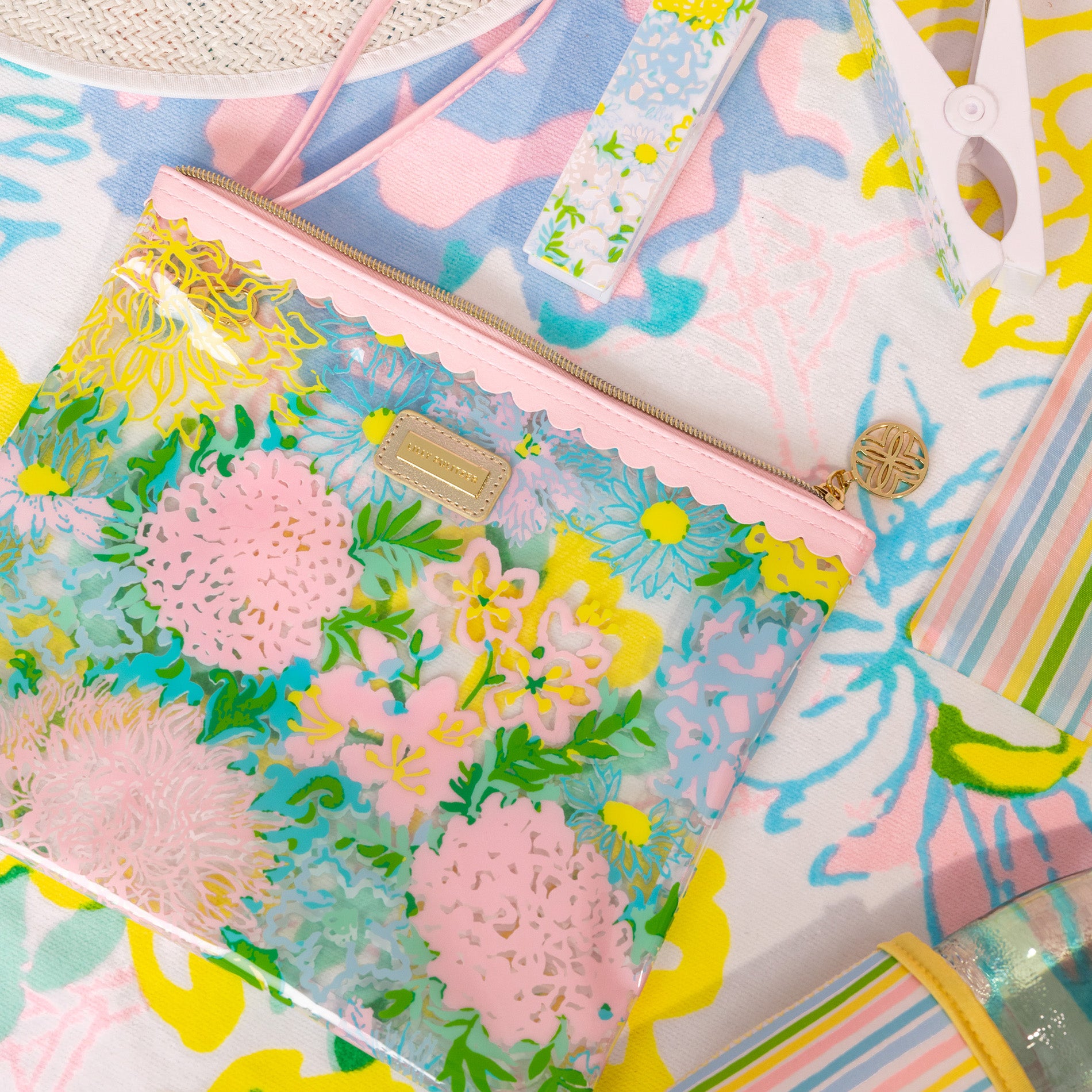 Colorful floral and abstract patterned bags on a matching background