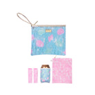 blue pouch with colorful seashell print with set of 2 pink towel straps, pink seashell pouch and blue coordinating koozie