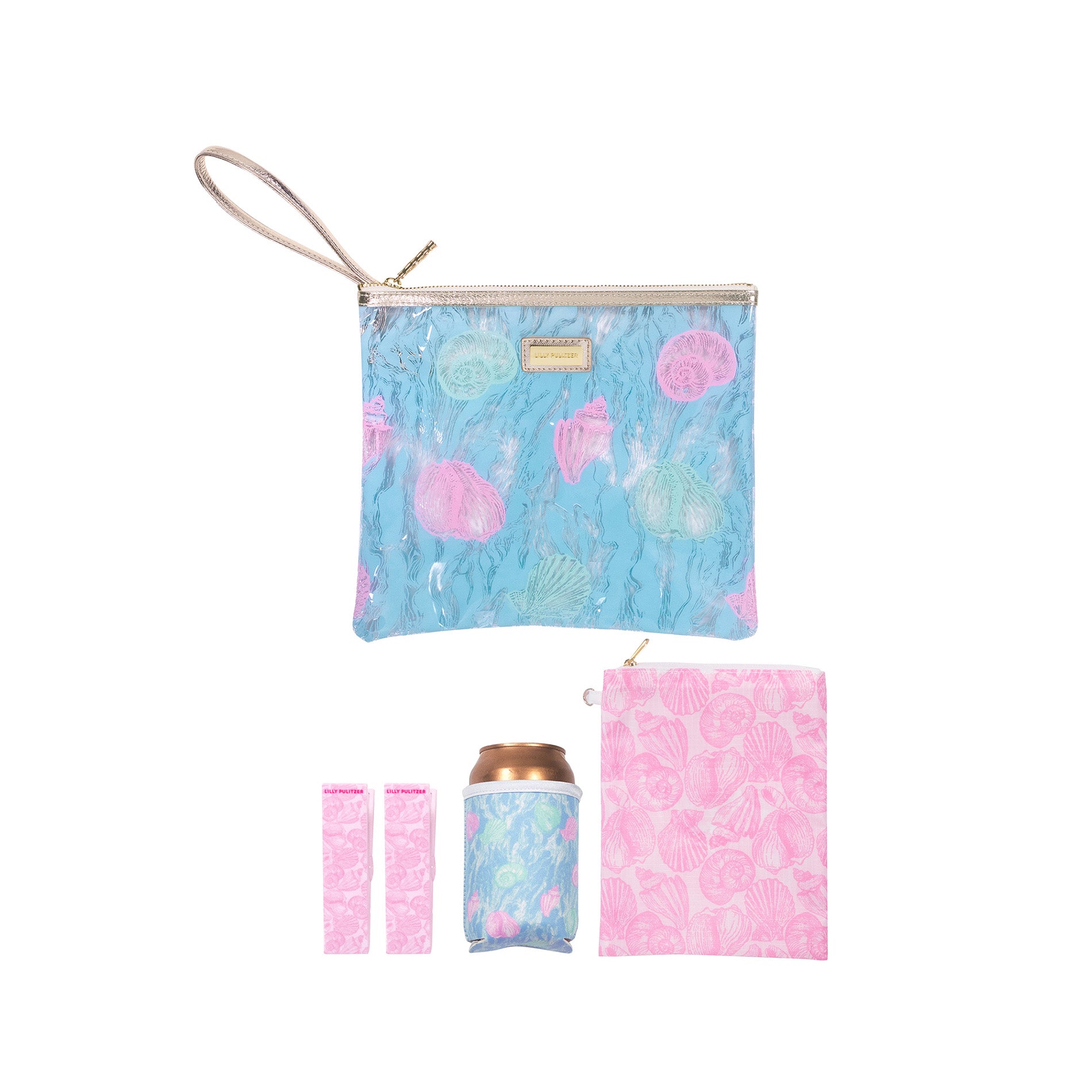 blue pouch with colorful seashell print with set of 2 pink towel straps, pink seashell pouch and blue coordinating koozie