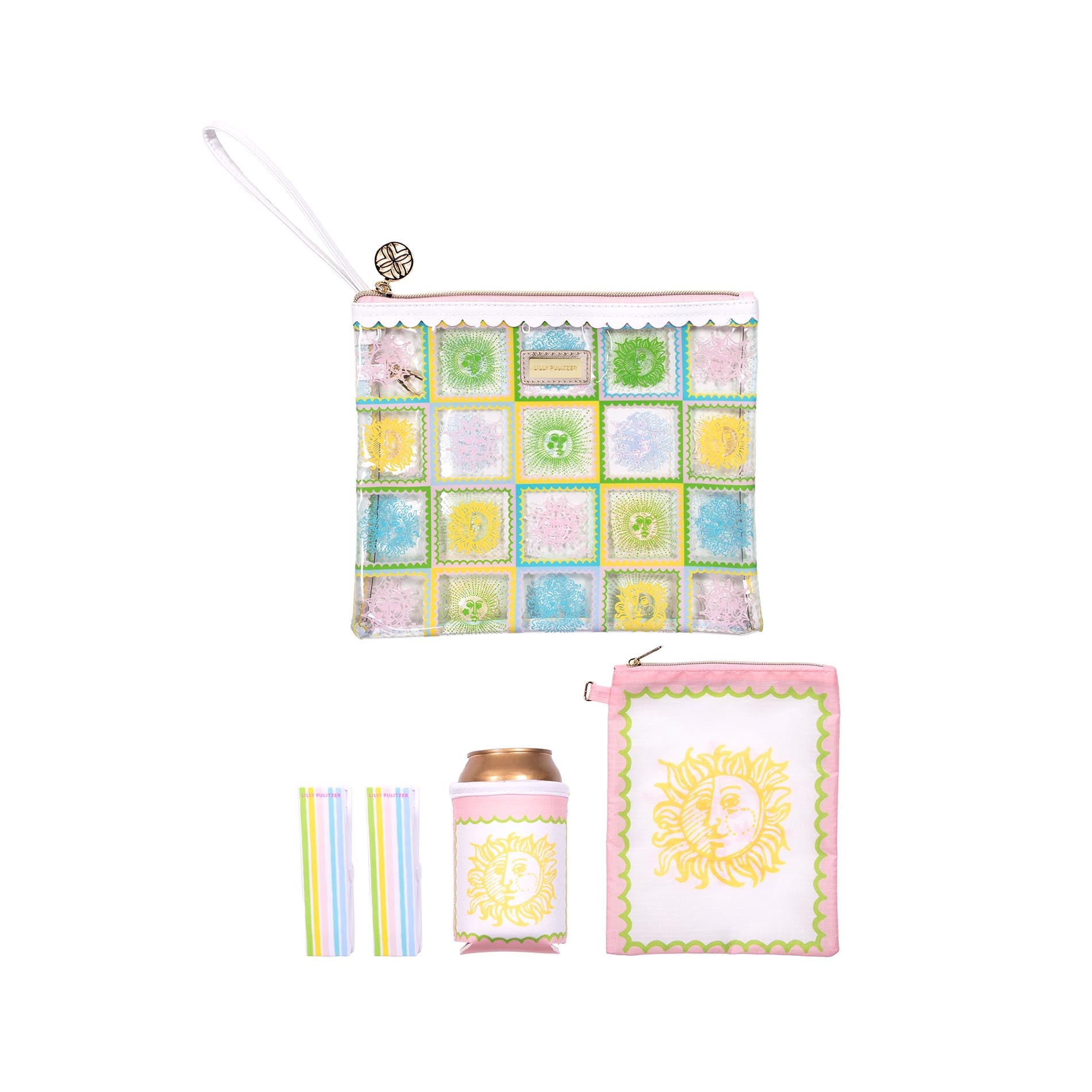 Set of colorful pouches and a can cooler with floral patterns on a white background
