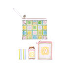 Set of colorful pouches and a can cooler with floral patterns on a white background