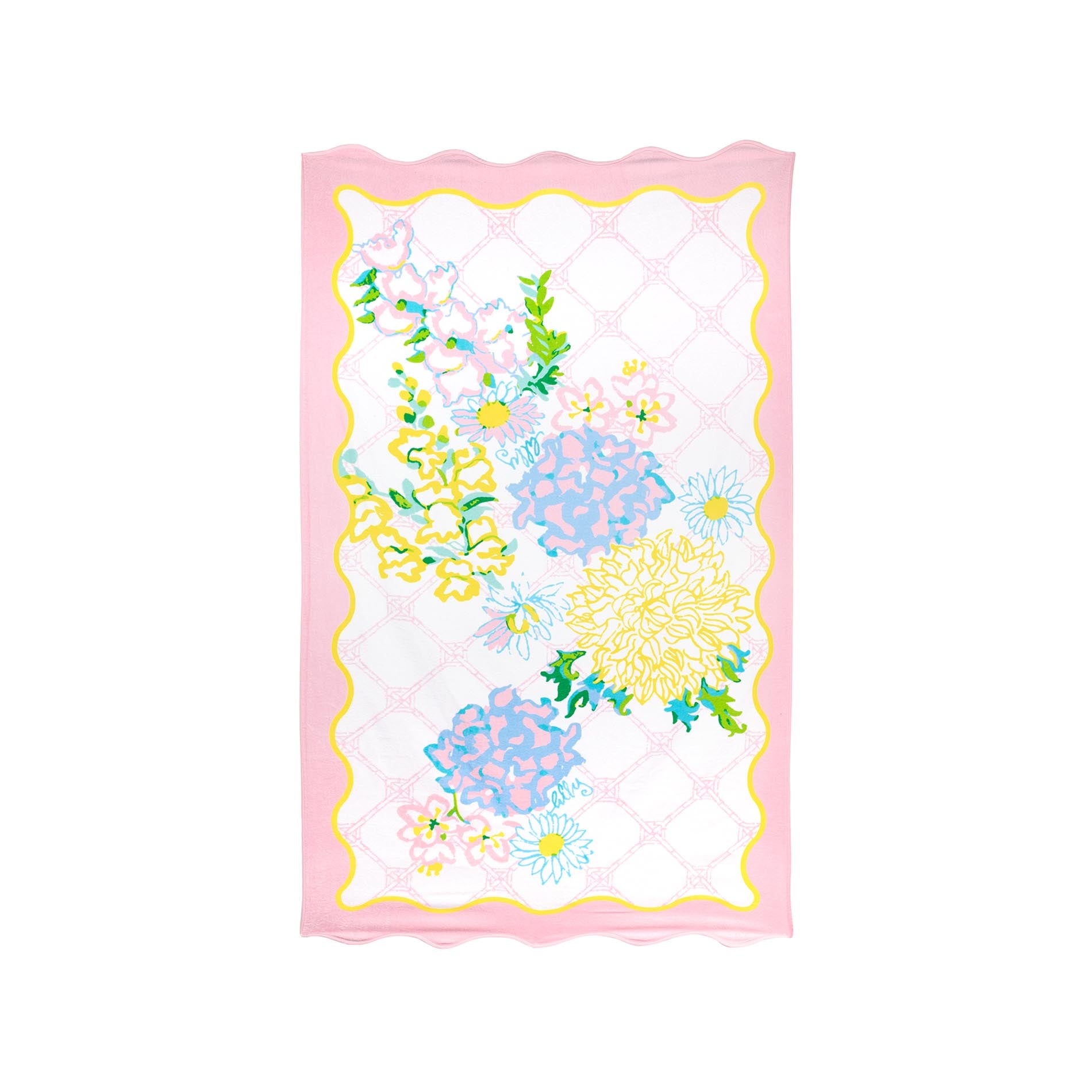Pink scalloped beach towel with colorful floral design