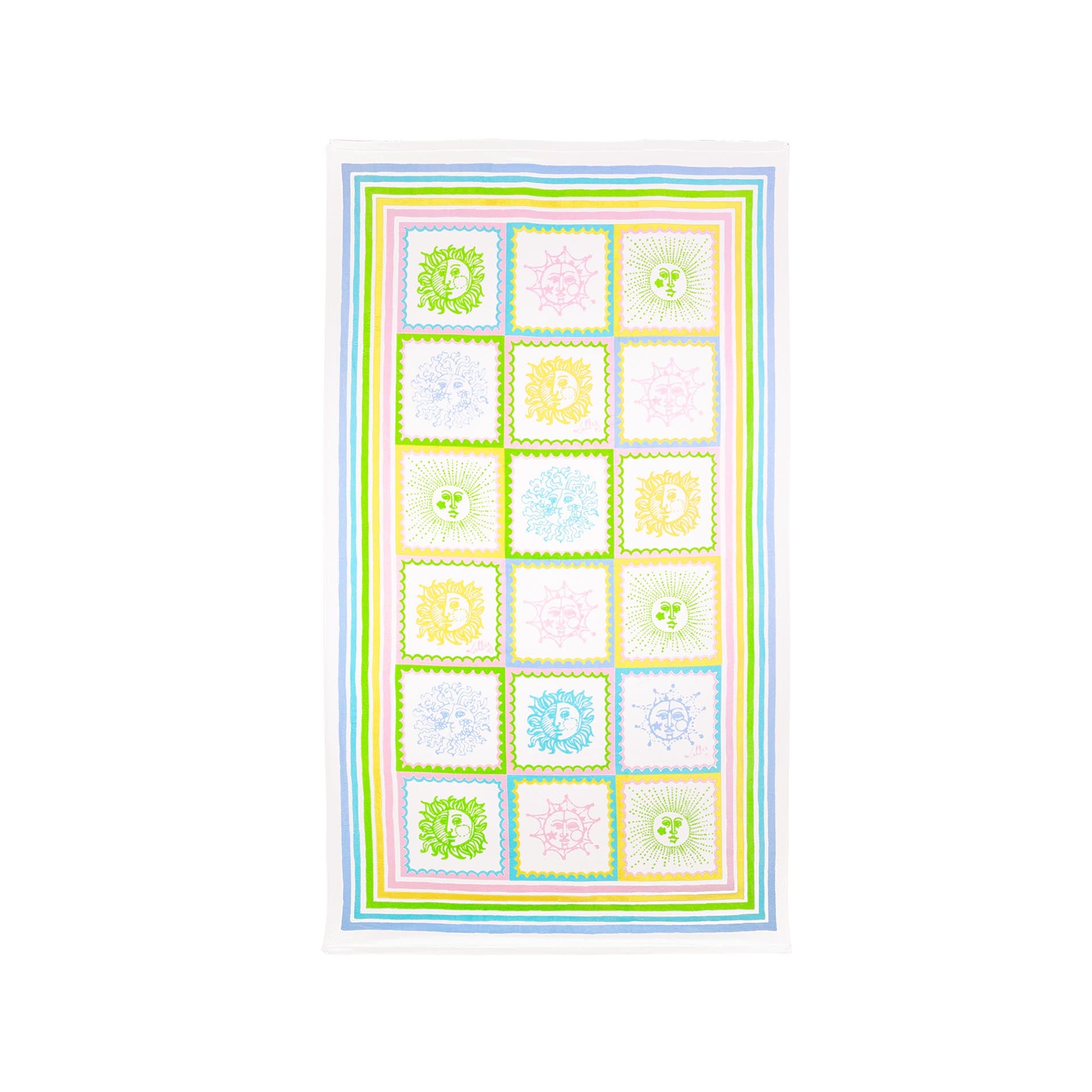 Colorful quilt with a pattern of squares on a white background
