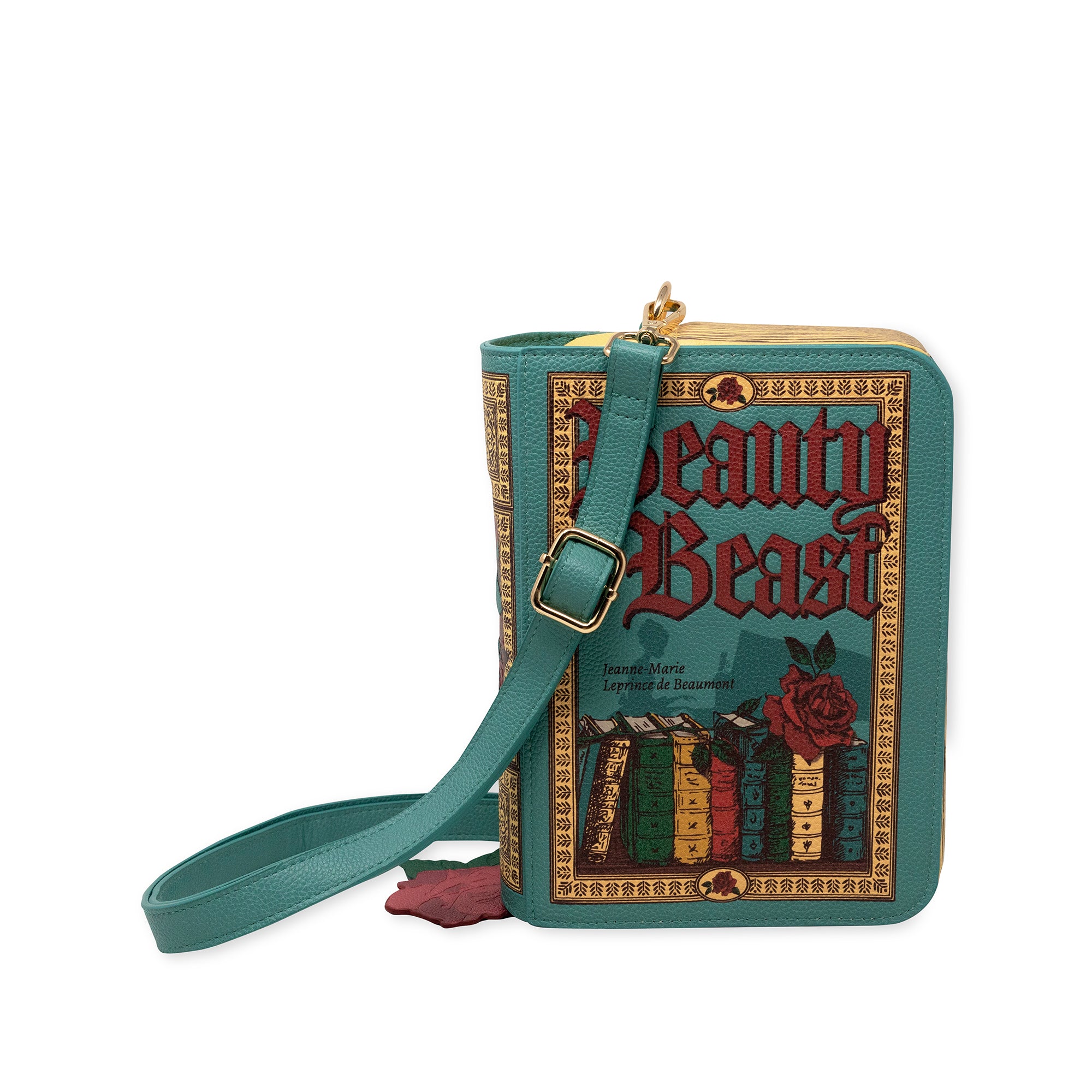 Book-shaped handbag with 'Beauty and the Beast' design on a white background